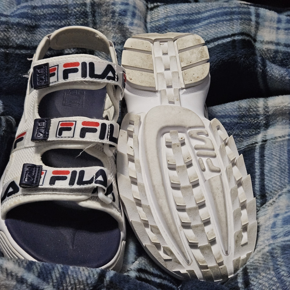 Fila White and Black Sandals with Red Accents
